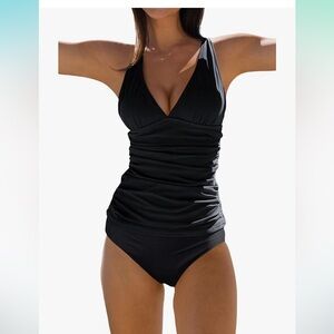 Classic Black V-Neck One-Piece Swimsuit with Tummy Ruching